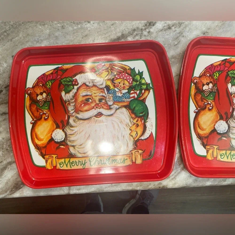 Two Vintage Santa Claus Merry Christmas 11x13” Plastic Serving Trays